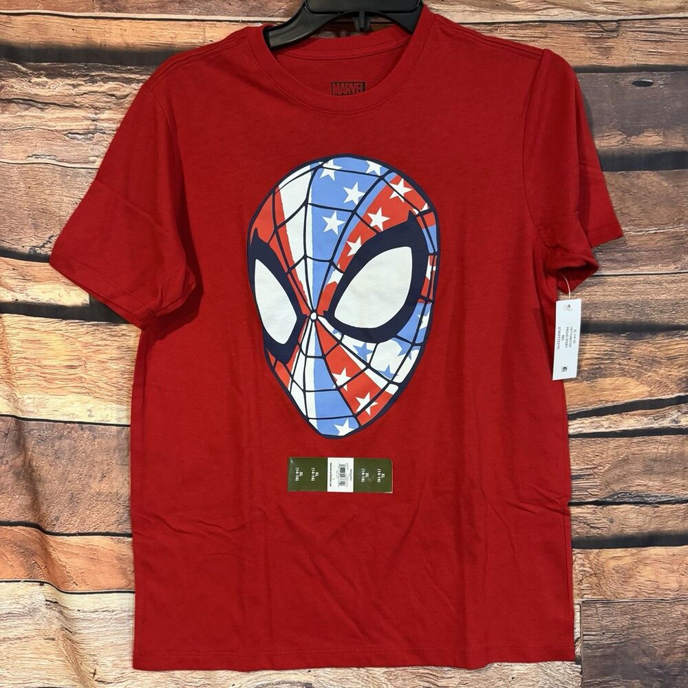 Marvel Spider-Man Boys Shirt XL 14 16 Red 4th of July Patriotic American Flag